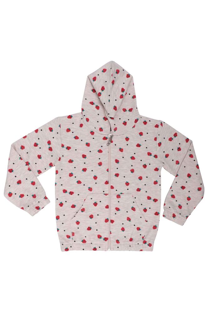 Strawberry Printed Hooded Girl Cardigan | Gray