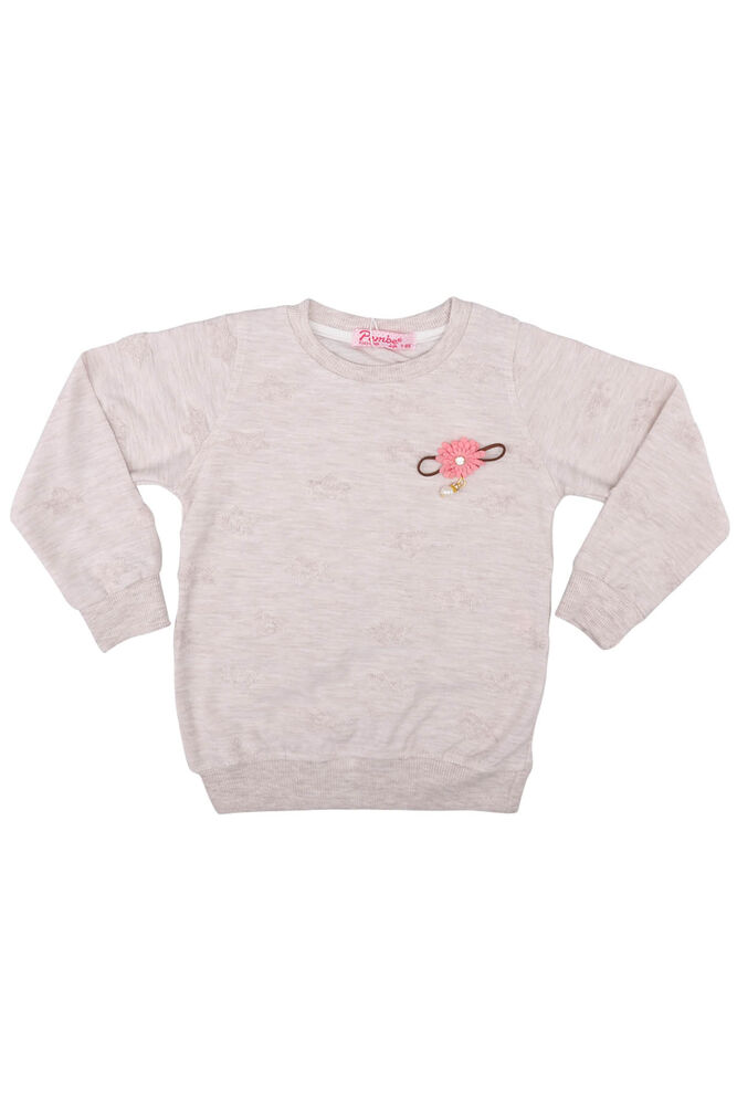 Yuvarlak Yaka Kabartmalı Kız Çocuk Sweat 1505 | Bej