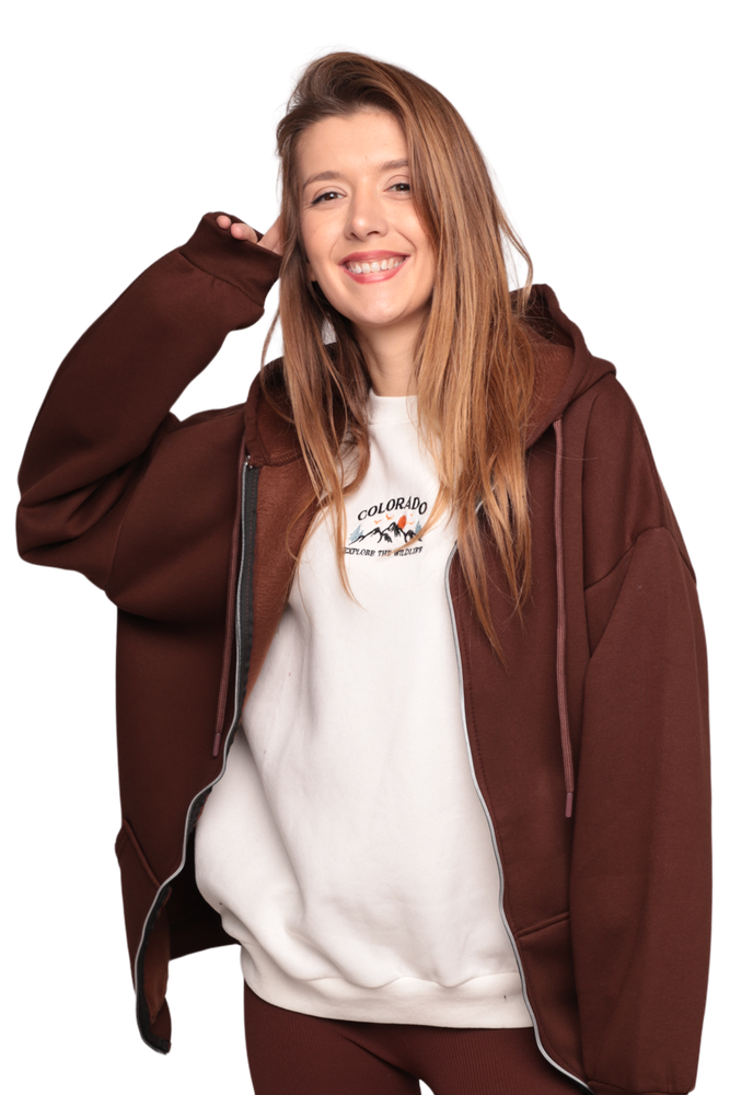 Fermuarlı 3 İplik Kadın Sweatshirt 3556 | Kahverengi