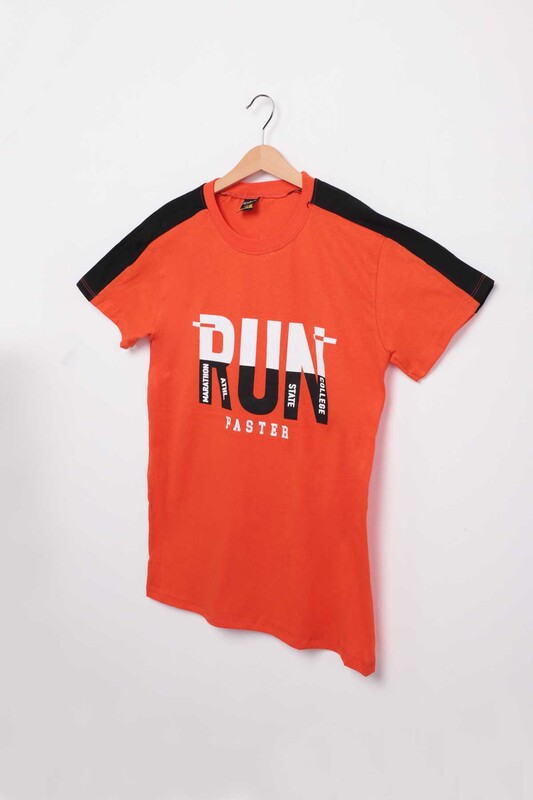Text Printed Boy T-shirt | Orange - Thumbnail