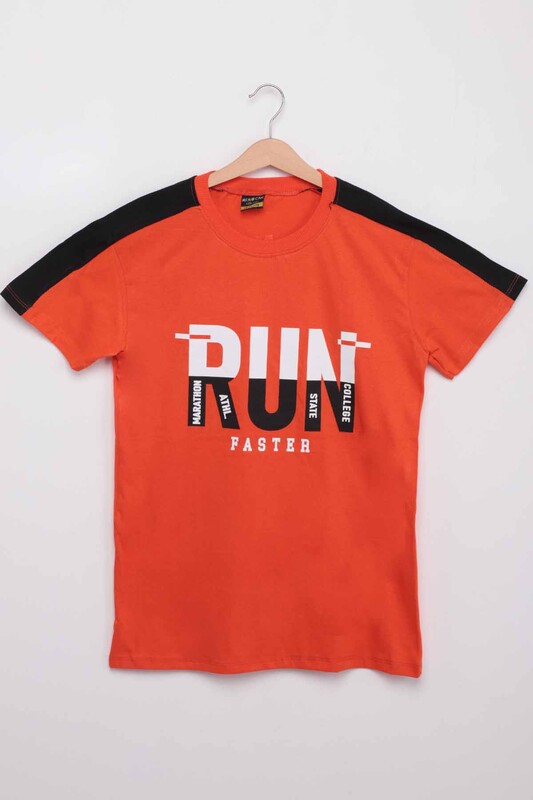 Text Printed Boy T-shirt | Orange - Thumbnail