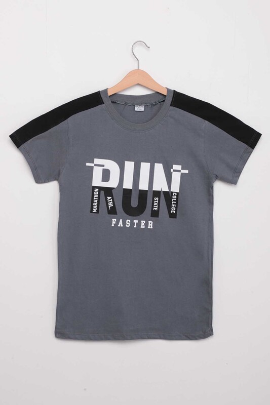 Text Printed Boy T-shirt | Grey - Thumbnail