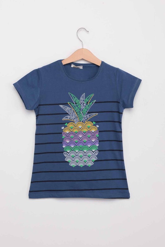 Pineapple Printed Girl T-shirt | Indigo - Thumbnail