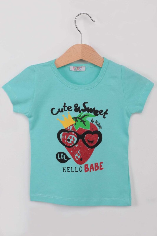 Hello Printed Glittery Girl T-shirt | Sea Green - Thumbnail