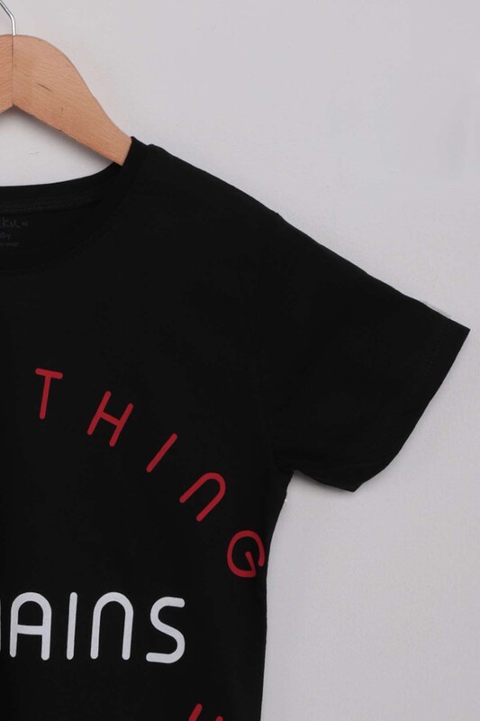 Text Printed Boy T-shirt 1370 | Black - Thumbnail