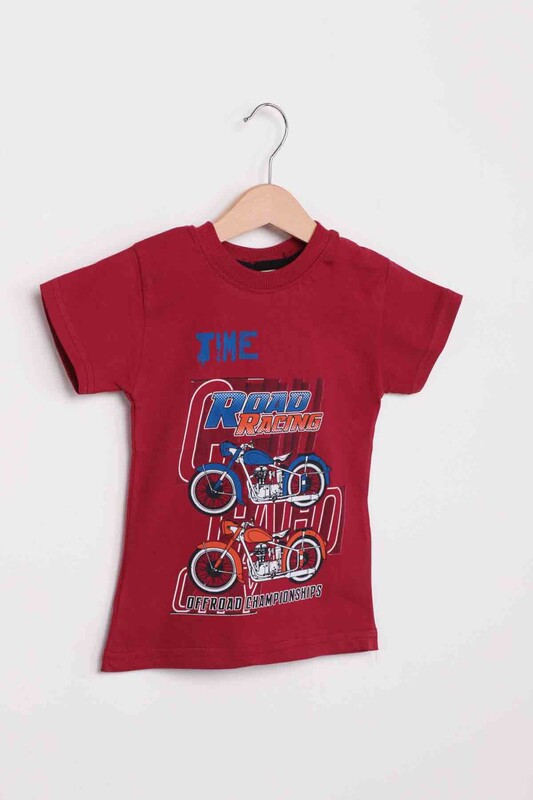 Printed Short Sleeve Boy T-shirt 008 | Burgundy - Thumbnail