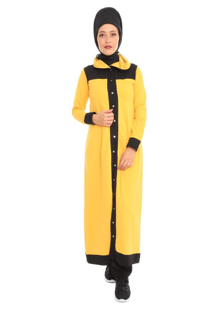 Lolitam Buttoned Yellow-Black Hijab Tracksuit Set 10900 | Yellow