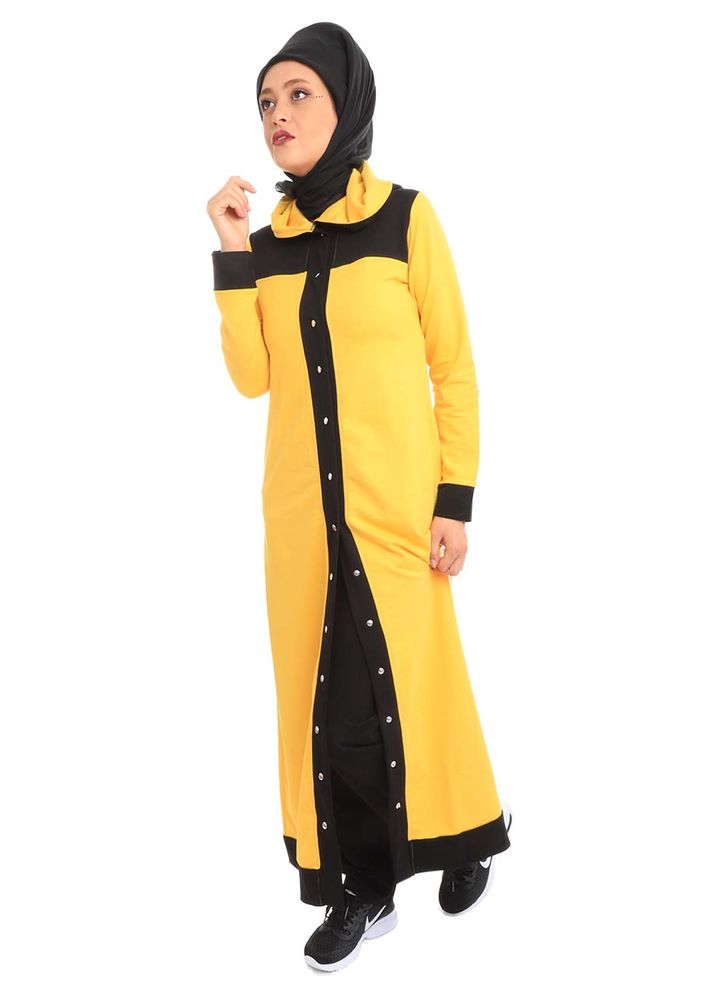 Lolitam Buttoned Yellow-Black Hijab Tracksuit Set 10900 | Yellow