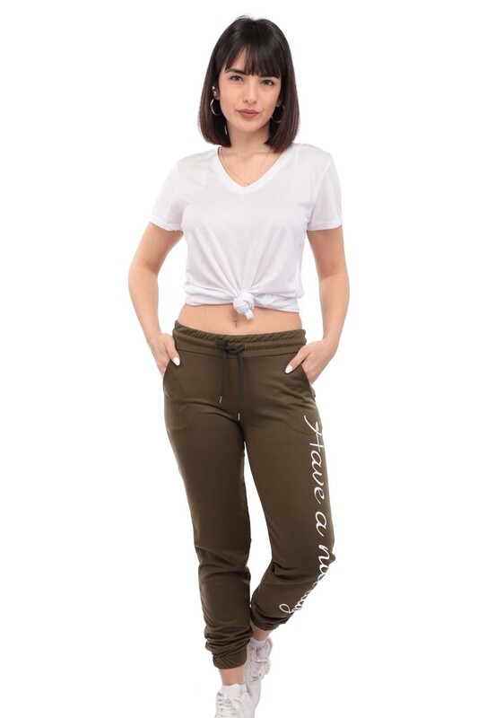Patterned Elastic Leg Woman Sweatpants | Khaki - Thumbnail