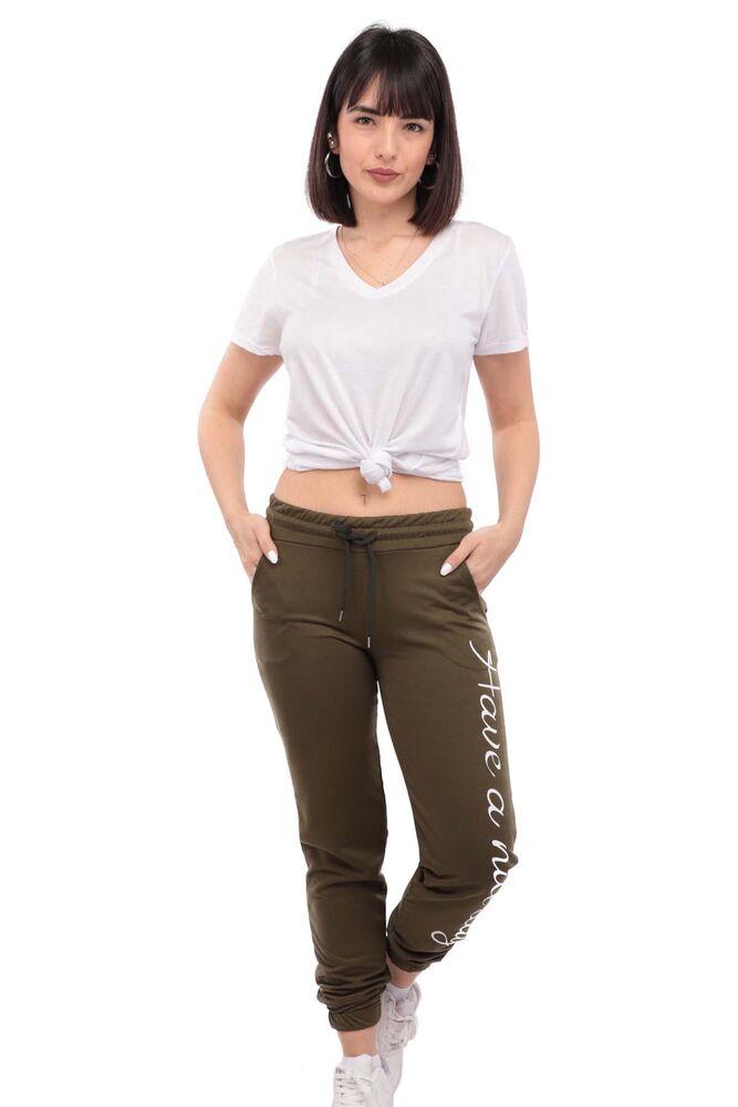 Patterned Elastic Leg Woman Sweatpants | Khaki
