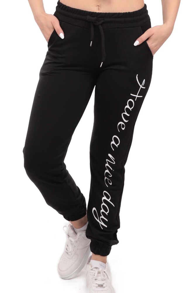 Patterned Elastic Leg Woman Sweatpants | Black