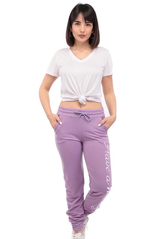 Patterned Elastic Leg Woman Sweatpants | Lilac - Thumbnail