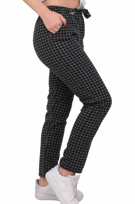 Square Patterned Woman Tight Pants 19008 | Black - Thumbnail
