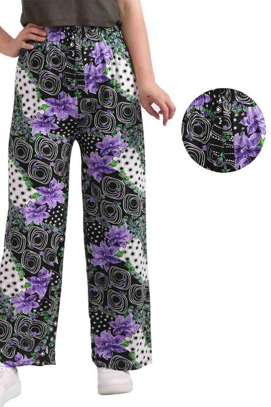 Flower Patterned Viscose Straight Cut Woman Pants 002 | Black - Thumbnail