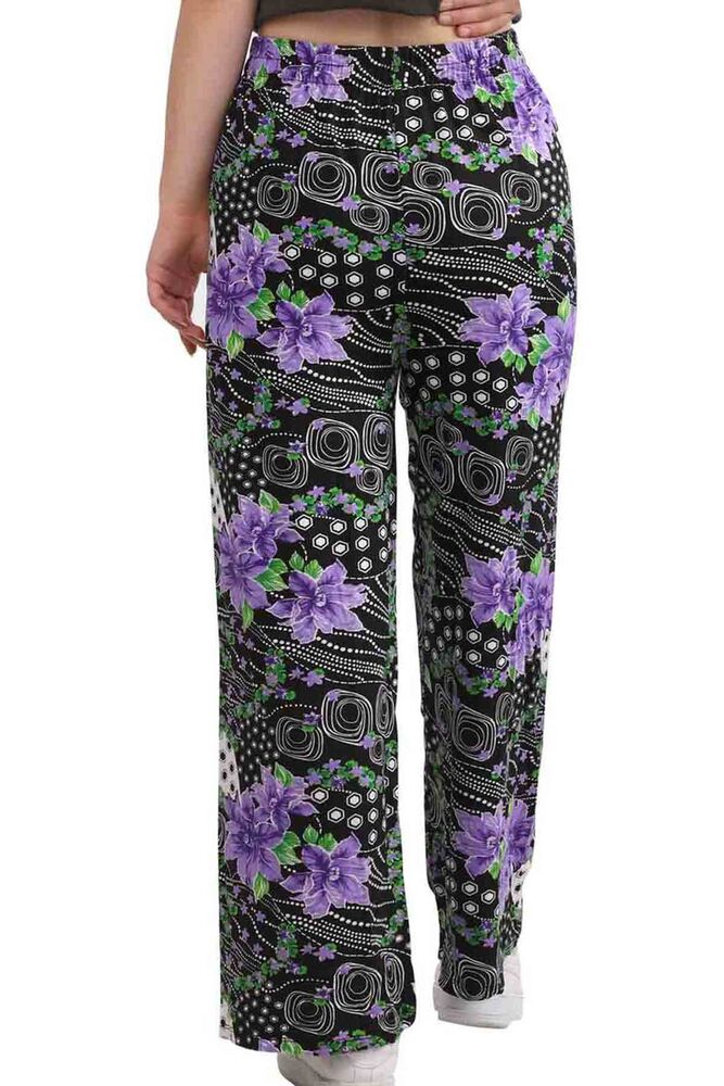 Flower Patterned Viscose Straight Cut Woman Pants 002 | Black