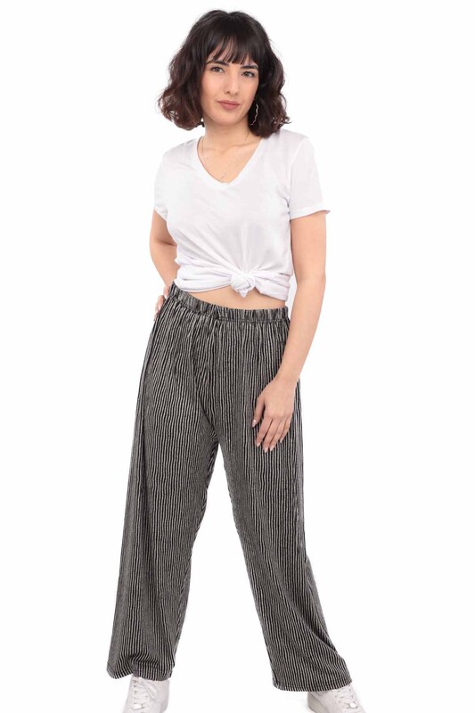 Viscose Plus Size Striped Woman Pants | Black - Thumbnail