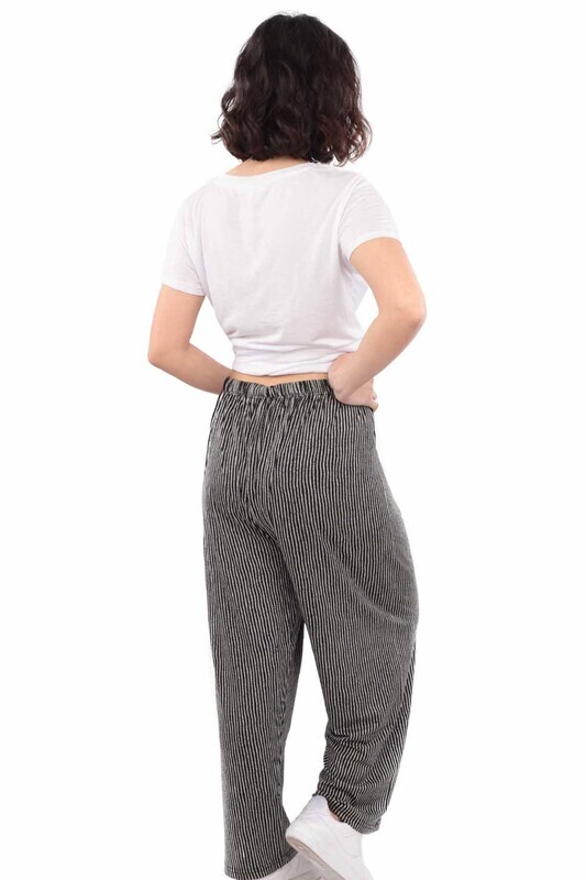 Viscose Plus Size Striped Woman Pants | Black - Thumbnail