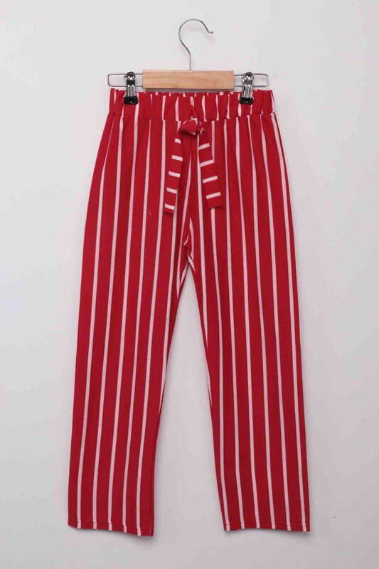SİMİSSO - Beli Lastikli Çizgili Kız Çocuk Pantolon | Kırmızı