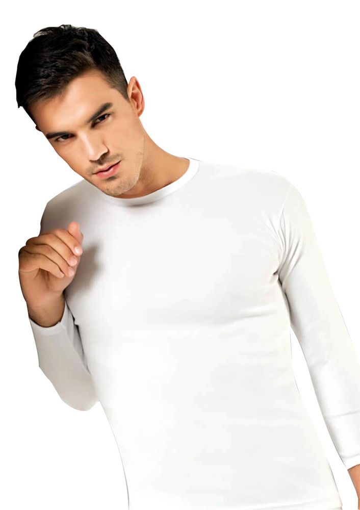 Tutku Elit Elastane Crew Neck Long Sleeve Man Undershirt 1302 | White