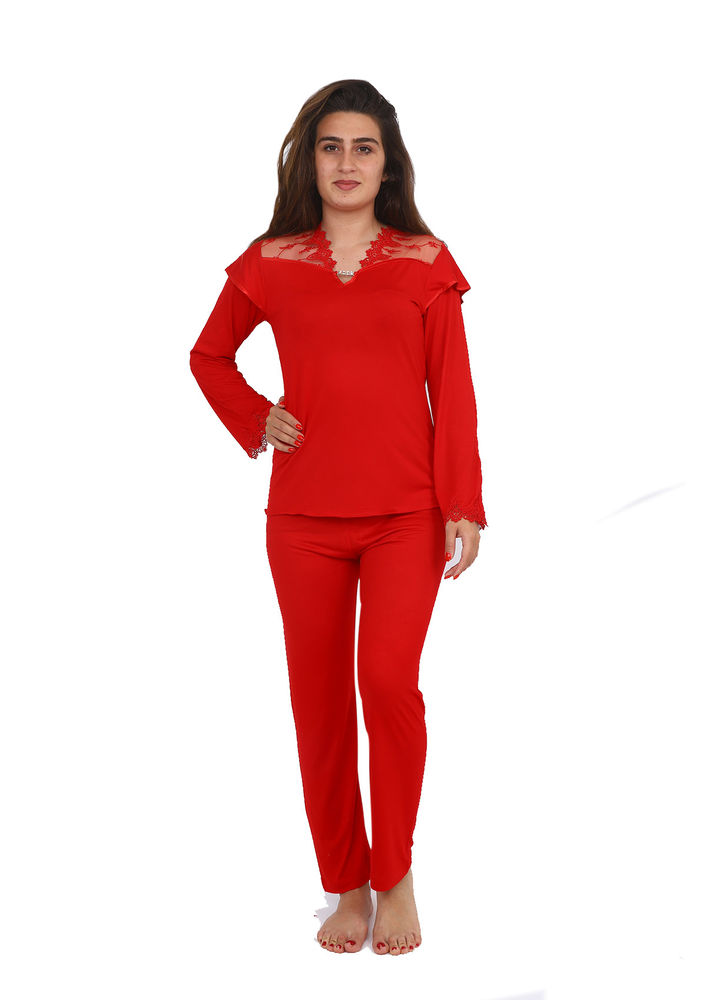 Imaj V-Neck Collar And Sleeves Guipureed Pajamas Set 120 | Red