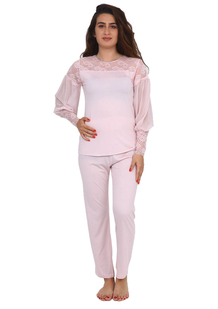 Imaj Collar and Sleeves Transparent Guipure Pajamas Set 117 | Powder