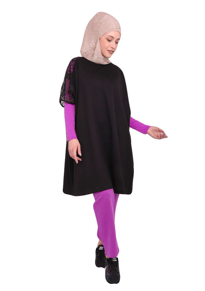 Lolitam Yellow-Black Hijab Pajamas Set with Guipure Sleeves 3-Piece 10909 | Pink