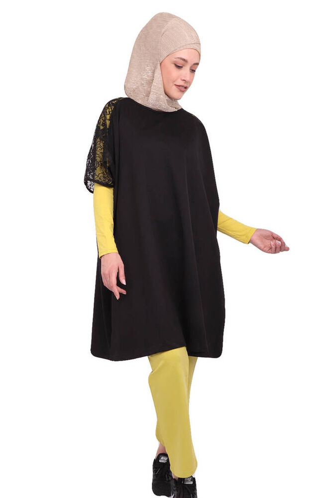 Lolitam Yellow-Black Hijab Pajamas Set with Guipure Sleeves 3-Piece 10909 | Green