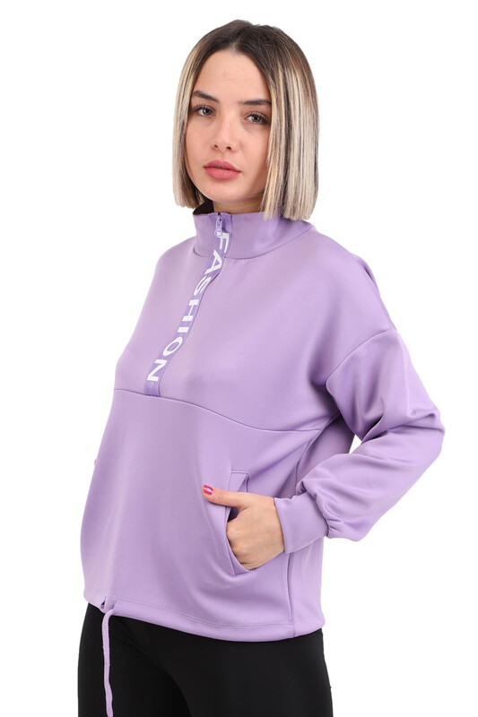 Half Zippered Scuba Fabric Sweat with Pockets 3456 | Purple - Thumbnail