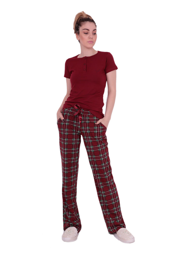 Yakası Düğmeli Bağcıklı Kareli Pijama Takımı 9319 | Bordo