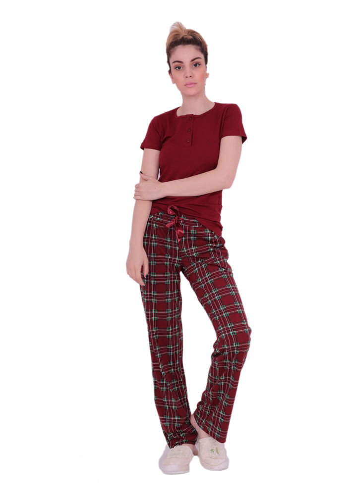 Yakası Düğmeli Bağcıklı Kareli Pijama Takımı 9319 | Bordo