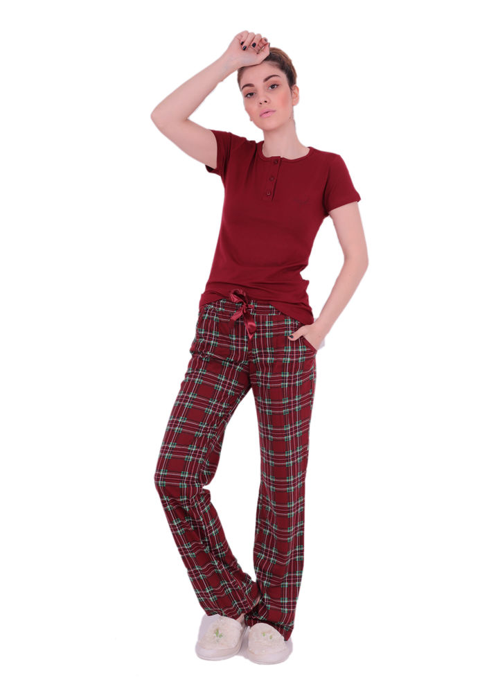 Yakası Düğmeli Bağcıklı Kareli Pijama Takımı 9319 | Bordo