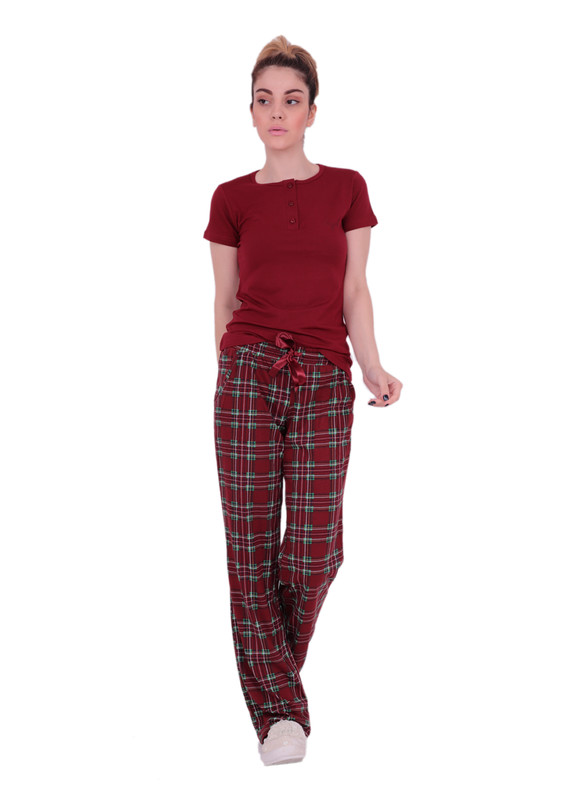 Yakası Düğmeli Bağcıklı Kareli Pijama Takımı 9319 | Bordo - Thumbnail