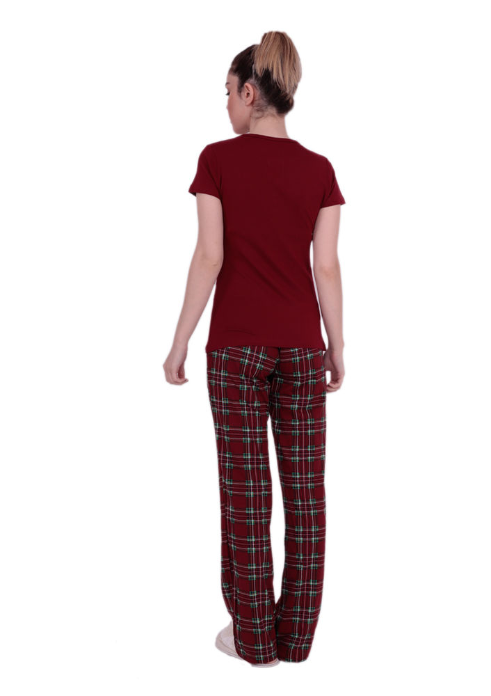 Yakası Düğmeli Bağcıklı Kareli Pijama Takımı 9319 | Bordo