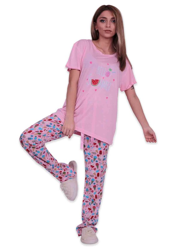 Aydoğan Patterned Poplin Shirt Woman Pajama Set 9004 | Pink - Thumbnail