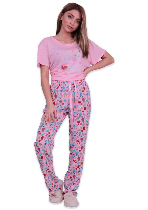 Aydoğan Patterned Poplin Shirt Woman Pajama Set 9004 | Pink - Thumbnail