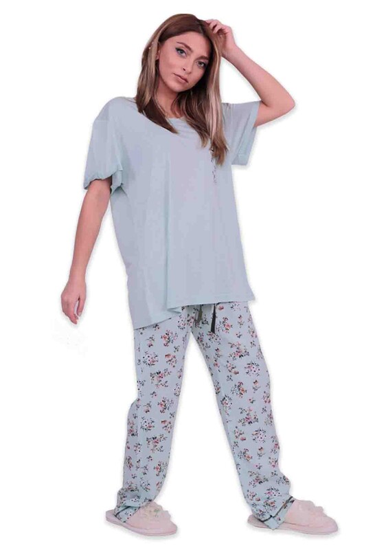 Aydoğan Printed Poplin Short-Sleeved Pajama Set 9001 | Sea Green - Thumbnail