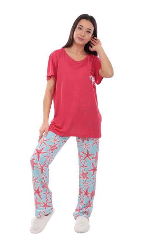 Aydoğan Printed Poplin Short Sleeved Woman Pajama Set 9014 | Red - Thumbnail