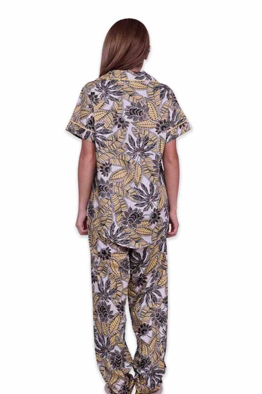 Aydoğan Patterned Poplin Shirt Woman Pajama Set 14035 | Yellow - Thumbnail