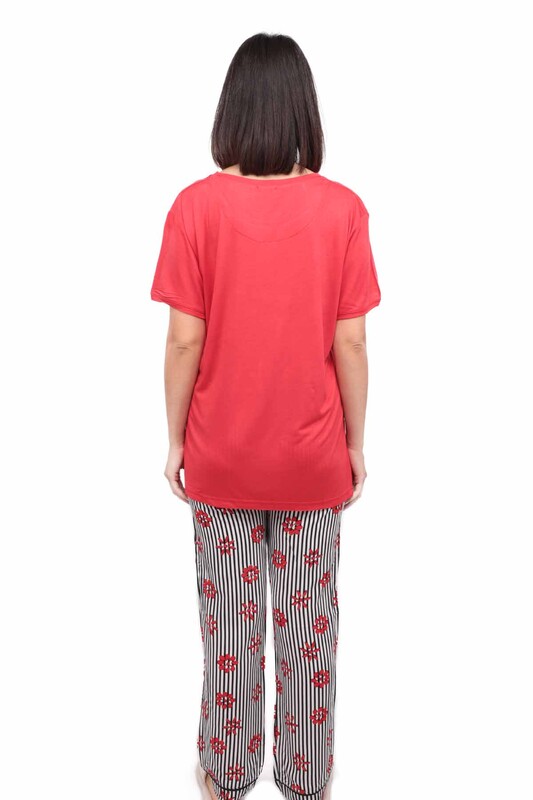 Aydoğan Patterned Poplin Shirt Woman Pajama Set 9000 | Red - Thumbnail