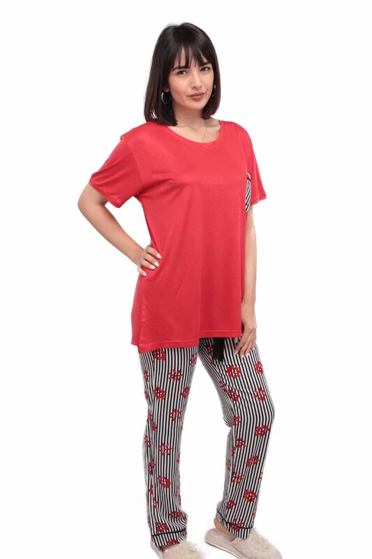 AYDOĞAN - Aydoğan Patterned Poplin Shirt Woman Pajama Set 9000 | Red