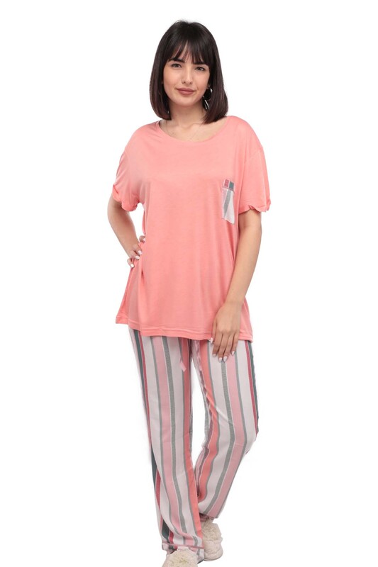 Aydoğan Printed Poplin Short-Sleeved Pajama Set 9002 | Light Pink - Thumbnail