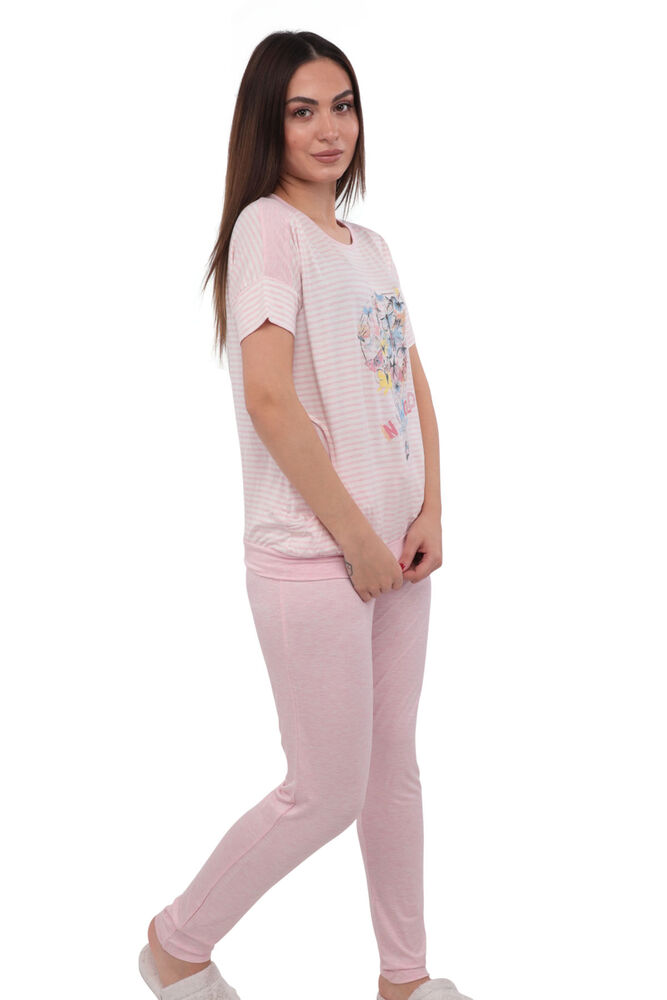 Berrak Skinny Short Sleeved Patterned Pajama Set with Pockets 268 | Pink