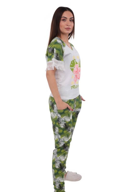 Berrak Skinny Kolları Guipure Detailed Patterned Pajama Set 278 | White - Thumbnail