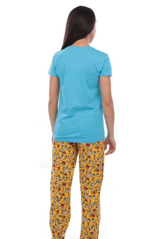 Calimera Emoji Printed Short Sleeved Pajama Set with Sleeping Mask 2649 | Blue - Thumbnail