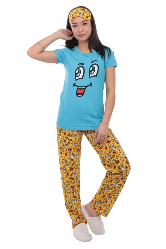 CALİMERA - Calimera Emoji Printed Short Sleeved Pajama Set with Sleeping Mask 2649 | Blue