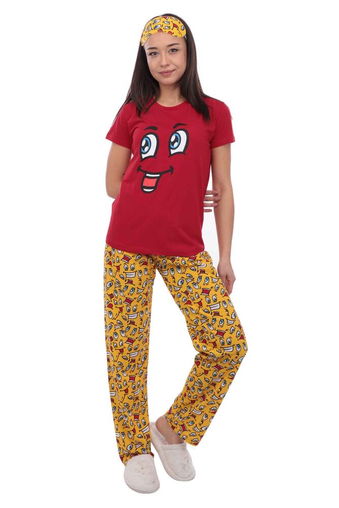 Calimera Emoji Printed Short Sleeved Pajama Set with Sleeping Mask 2649 | Red