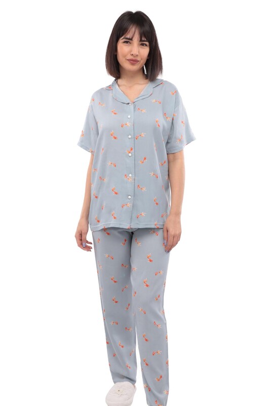 Işılay Fish Printed Woman Pajama Set 7352 | Blue - Thumbnail