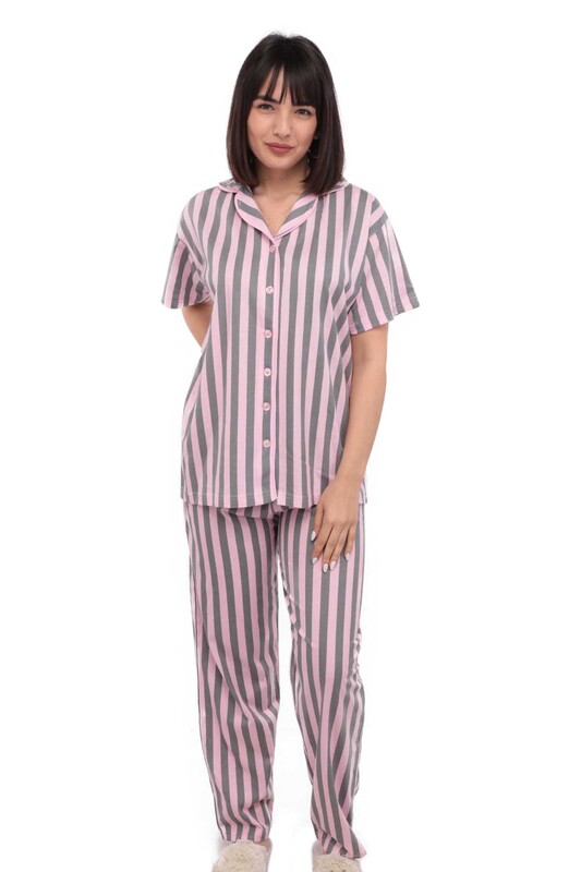 Işılay Short Sleeved Pajama Set with Bottons | Pink - Thumbnail