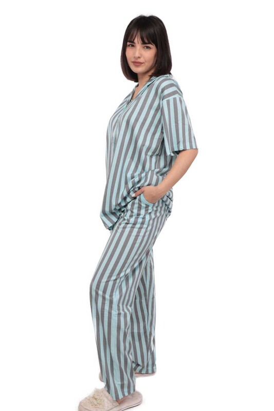 Işılay Short Sleeved Pajama Set with Bottons | Blue - Thumbnail