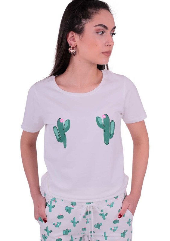 Jiber Cactus Printed Woman Pajama Set 3621 | White - Thumbnail